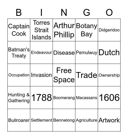 Contact & Colonisation Bingo Card