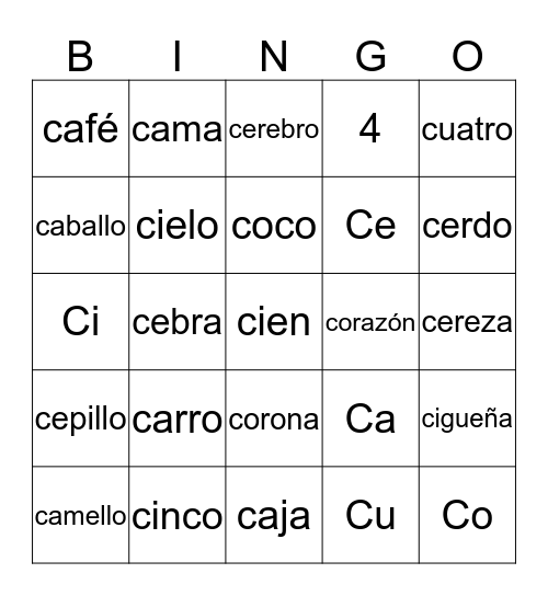 Words with "C" in Spanish Bingo Card