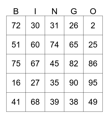 Number Bingo Card