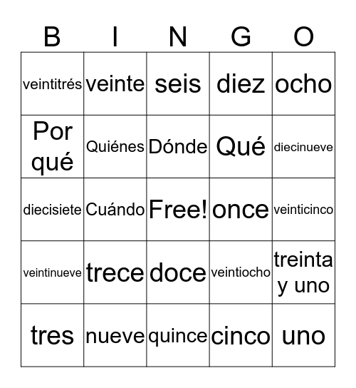 Numero 1 - 31 y Preguntas Bingo Card
