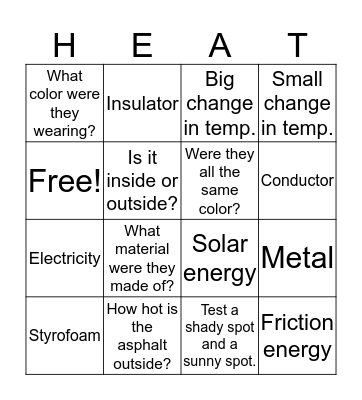 Heat Energy BINGO! Bingo Card