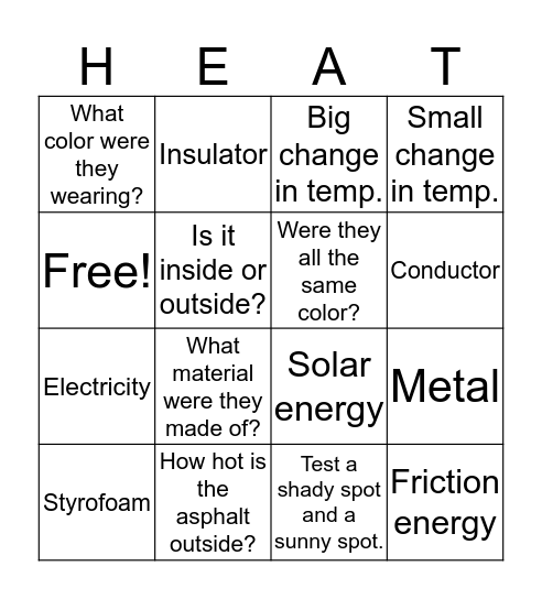 Heat Energy BINGO! Bingo Card