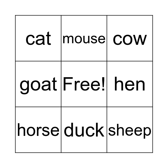 Farm Animals Bingo Card