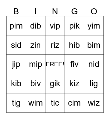 short i  Bingo Card
