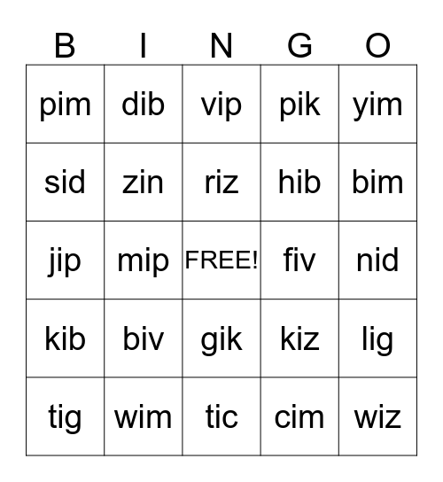 short i  Bingo Card