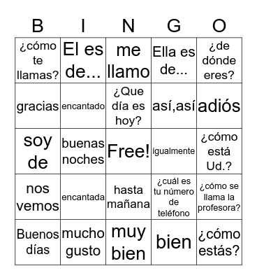 SPANISH GREETINGS Bingo Card