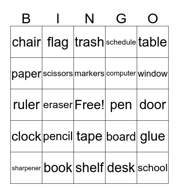 Classroom Objects  Bingo Card