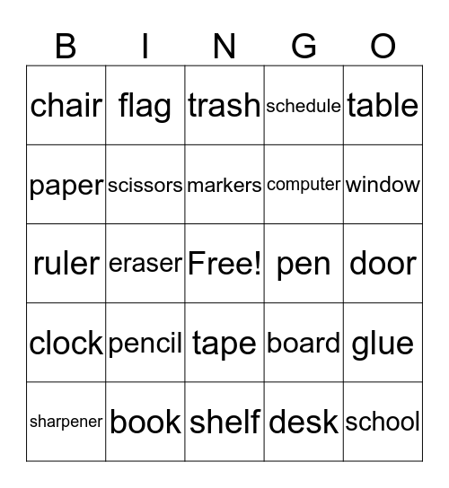 Classroom Objects  Bingo Card