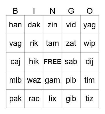 short a ~ short i Bingo Card
