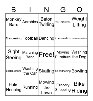 Physical Activity Bingo Card