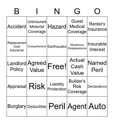 Insurance Bingo Card