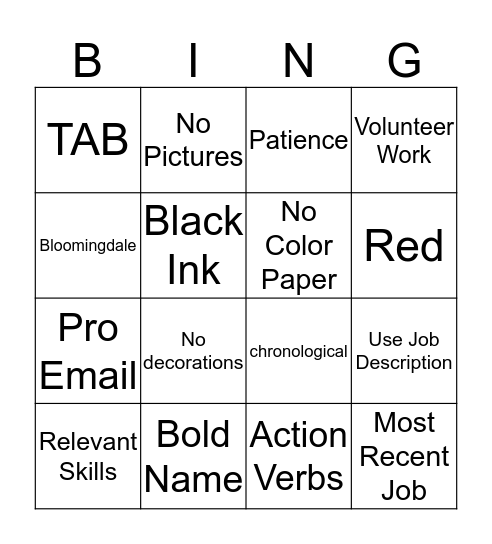 Resume Bingo Card