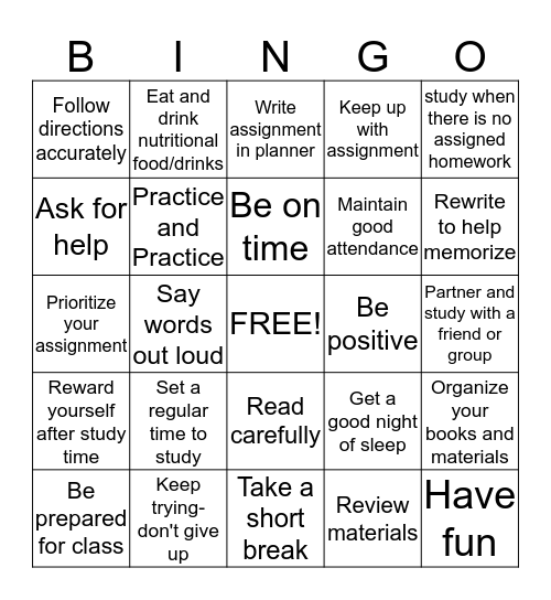 Good Study Habits Bingo Card