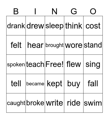 Irregular Verbs in Past Tense Bingo Card