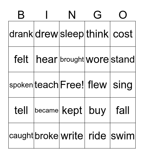 Irregular Verbs in Past Tense Bingo Card