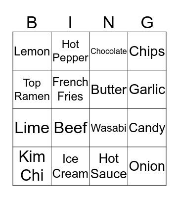 Taste Bingo Card