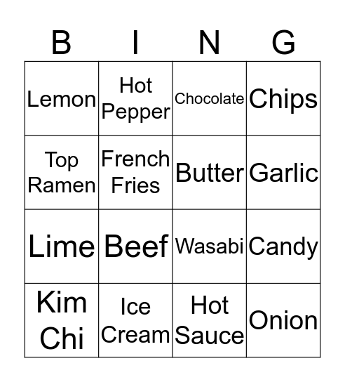 Taste Bingo Card