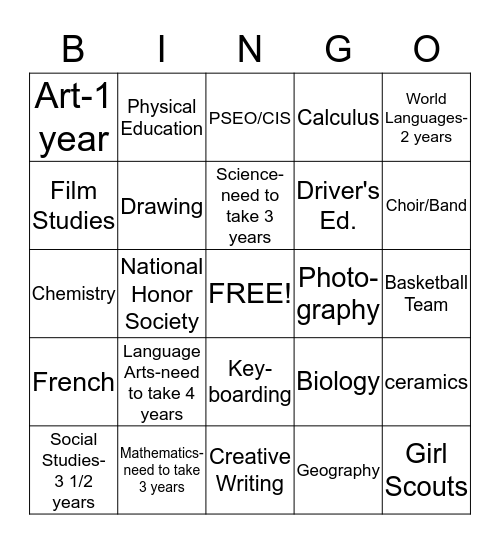High School Courses/Clubs Bingo Card
