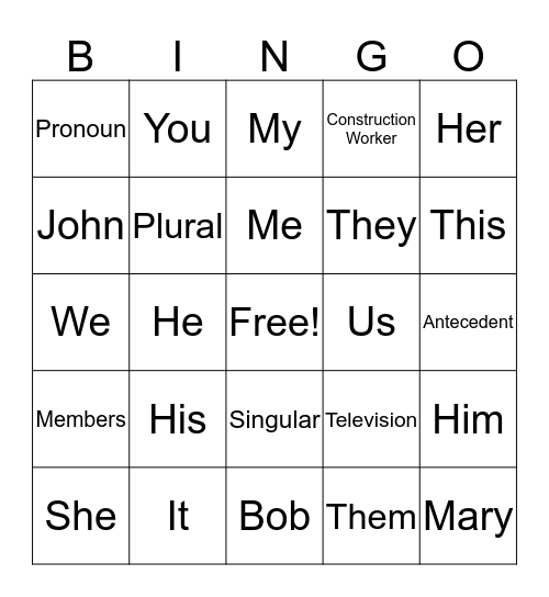 Pronoun Bingo Card