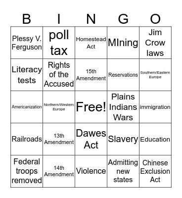 Westward Expansion Bingo Card