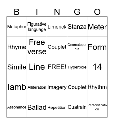 Poetry and Poetry Elements Bingo Card