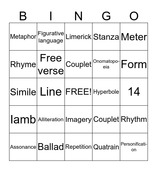 Poetry and Poetry Elements Bingo Card