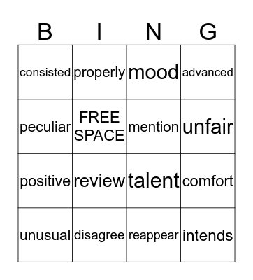 Vocabulary Lesson 1 Bingo Card