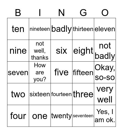 numbers Bingo Card