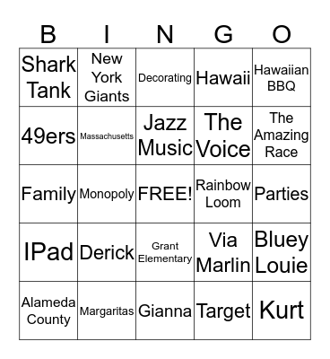 Hubbard Family Bingo Card