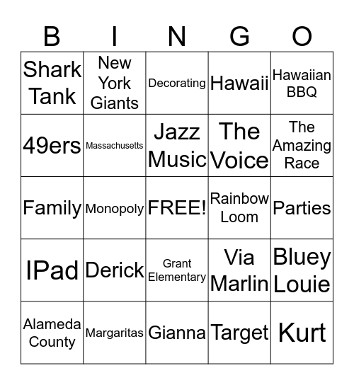 Hubbard Family Bingo Card