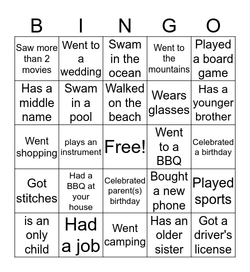 Student Search (this summer) Bingo Card