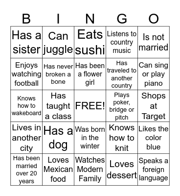 Bridal Shower Bingo Card