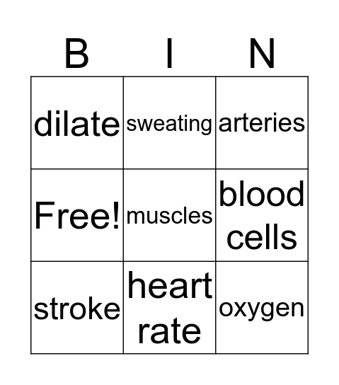 Response to exercise Bingo Card