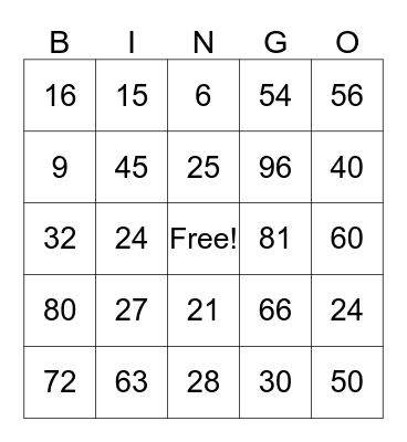 Multiplication Bingo Card