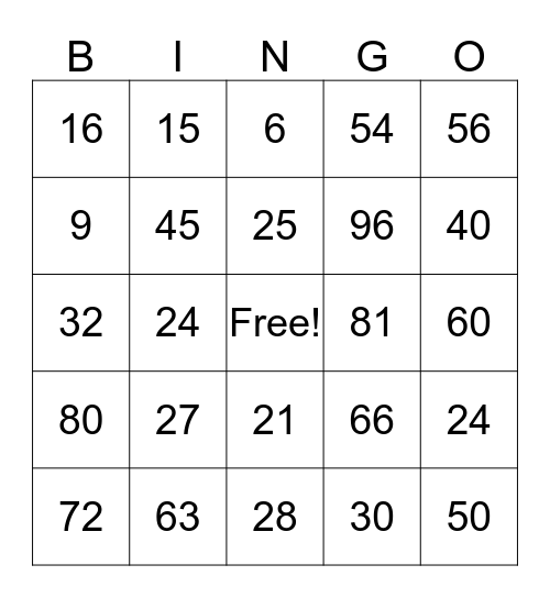 Multiplication Bingo Card