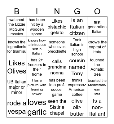 Italian Bingo Card