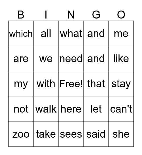 C.A. Zoo Bingo Card