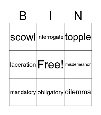 All American Boys Vocabulary Bingo Card