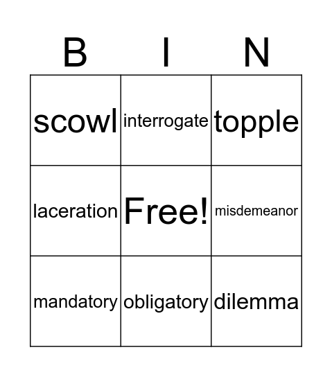 All American Boys Vocabulary Bingo Card