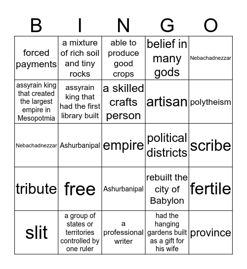 Mesopotamia Bingo Card