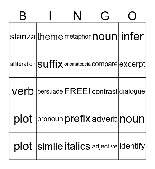 ELA Vocabulary Bingo Card