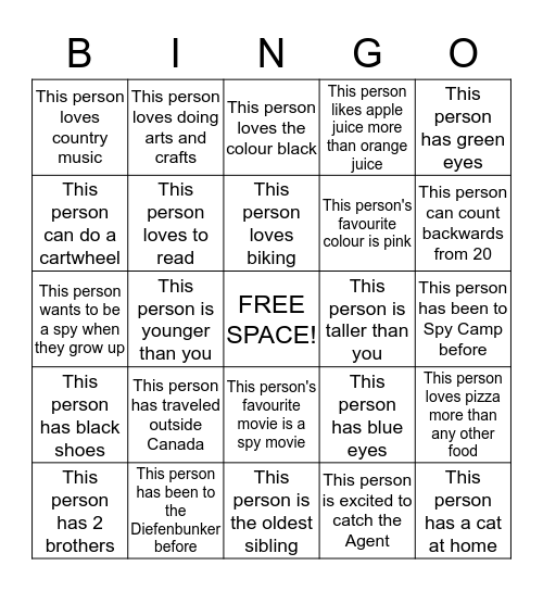 Get To Know You BINGO - SPY EDITION Bingo Card