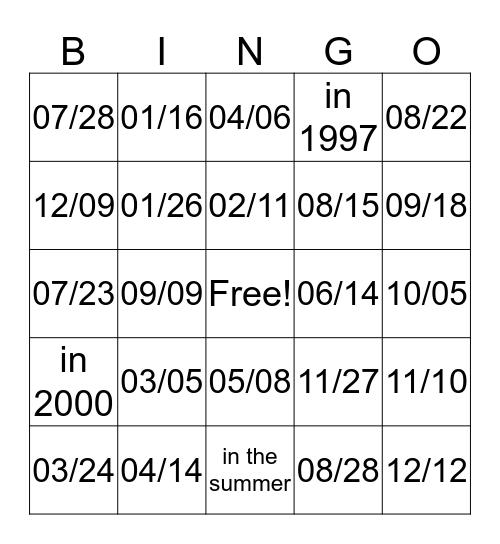 Our Birthdays Bingo Card