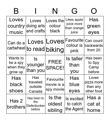 Get To Know You BINGO - SPY CAMP EDITION Bingo Card