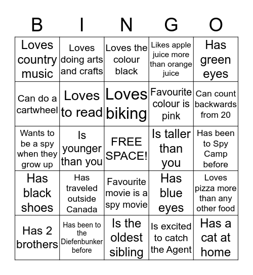 Get To Know You BINGO - SPY CAMP EDITION Bingo Card