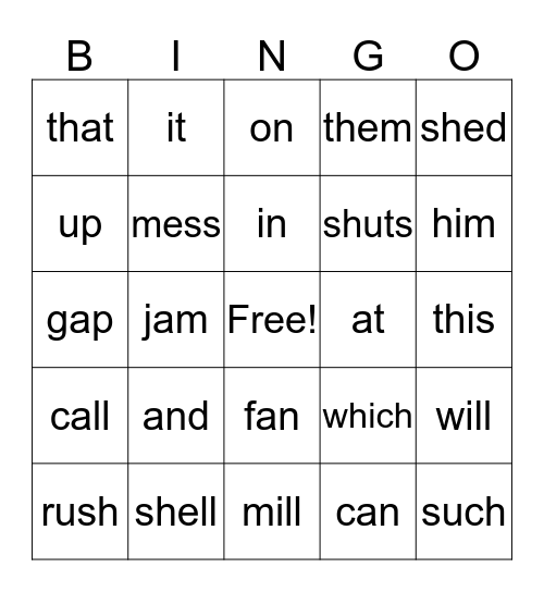 Sight Word/Vocabulary Bingo STEP 1 Bingo Card