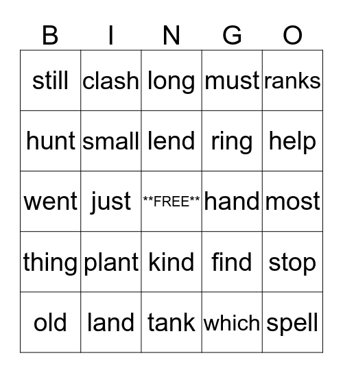 Sight Word/Vocabulary Bingo STEP 2 Bingo Card