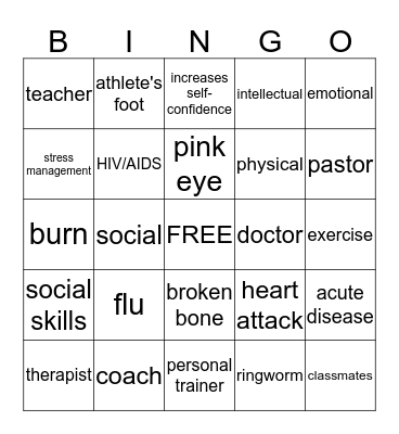 Disease Prevention/Personal and consumer health Bingo Card