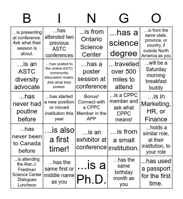 ASTC Reception Bingo Card