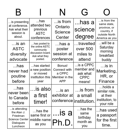 ASTC Reception Bingo Card